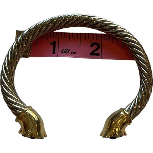 Vintage Gold & Silver Tone Twisted Cuff Bracelet With Blue Stone Flower Ends - Picture 6 of 6